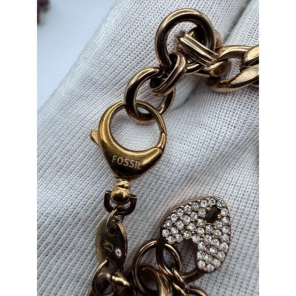 Fossil Link Bracelet Rose Gold Tone, Rhinestone Heart Lock Charm Whit Key- Cute - Picture 11 of 13